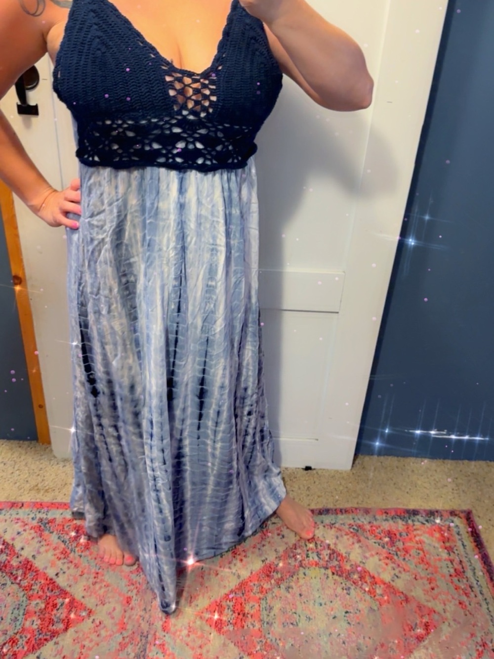 Xhilaration Navy Crochet Bodice Blue Tie-Dye Maxi Dress